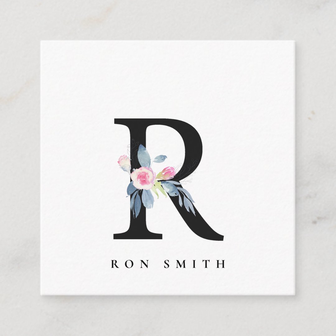 SOFT BLUSH BLUE FLORAL ALPHABETS NAME LETTER R SQUARE BUSINESS CARD