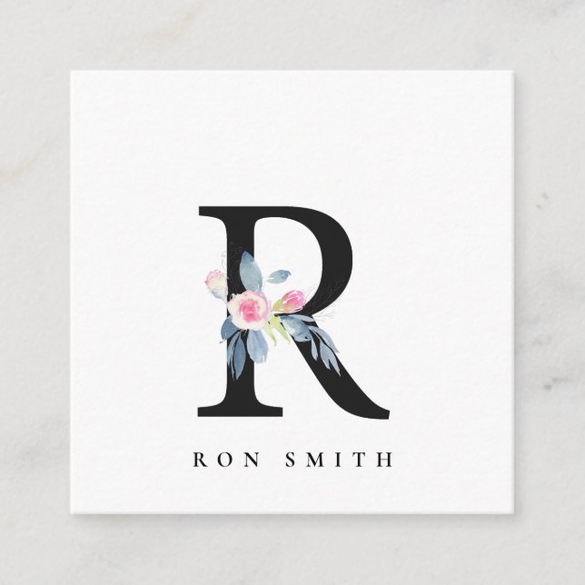 SOFT BLUSH BLUE FLORAL ALPHABETS NAME LETTER R SQUARE BUSINESS CARD (Front)