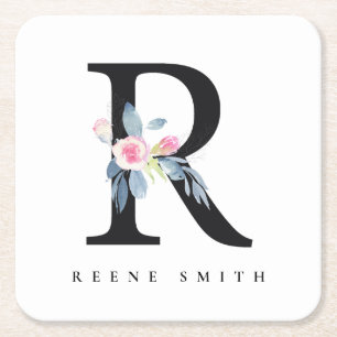 SOFT BLUSH BLUE FLORAL ALPHABETS NAME LETTER R SQUARE PAPER COASTER