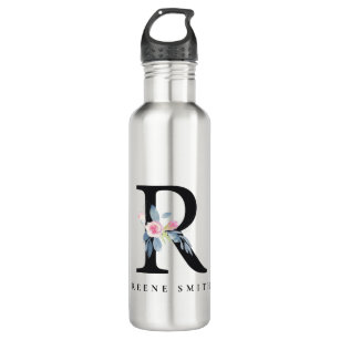 SOFT BLUSH BLUE FLORAL ALPHABETS NAME LETTER R STAINLESS STEEL WATER BOTTLE