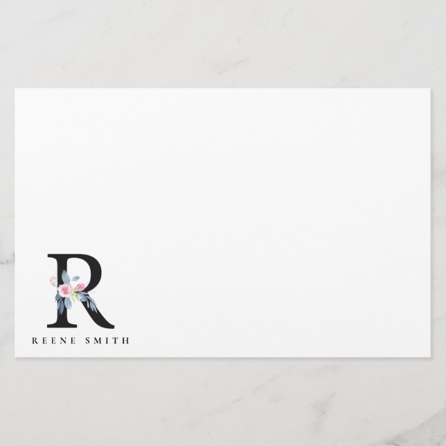 SOFT BLUSH BLUE FLORAL ALPHABETS NAME LETTER R STATIONERY (Front)