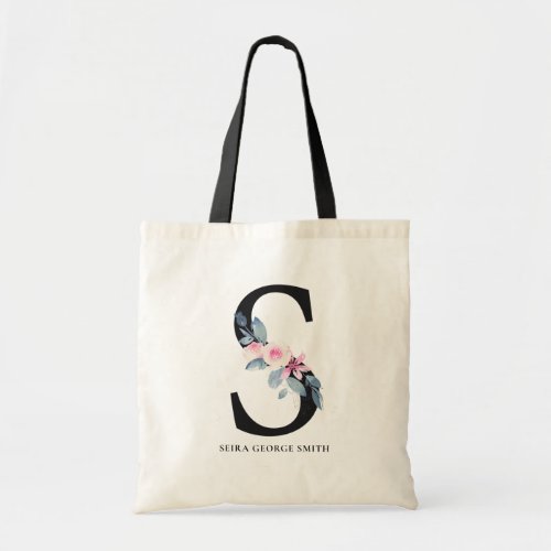 SOFT BLUSH BLUE FLORAL ALPHABETS NAME LETTER S TOTE BAG