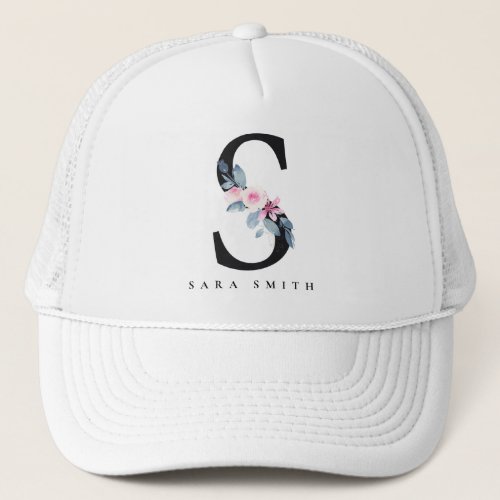 SOFT BLUSH BLUE FLORAL ALPHABETS NAME LETTER S TRUCKER HAT