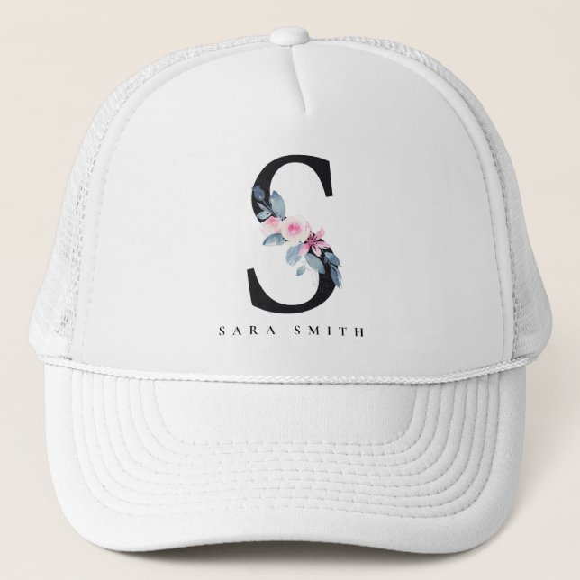 SOFT BLUSH BLUE FLORAL ALPHABETS NAME LETTER S TRUCKER HAT (Front)