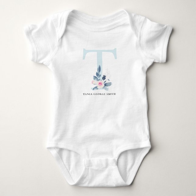 SOFT BLUSH BLUE FLORAL ALPHABETS NAME LETTER T BABY BODYSUIT (Front)