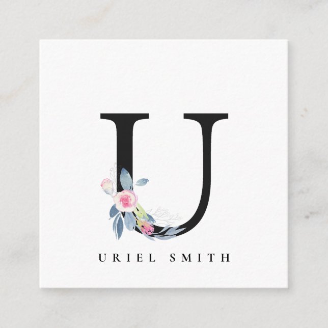 SOFT BLUSH BLUE FLORAL ALPHABETS NAME LETTER U SQUARE BUSINESS CARD (Front)
