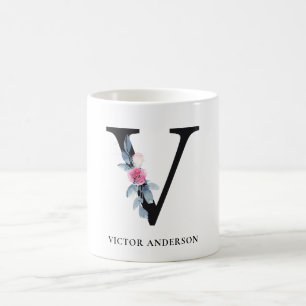 SOFT BLUSH BLUE FLORAL ALPHABETS NAME LETTER V COFFEE MUG