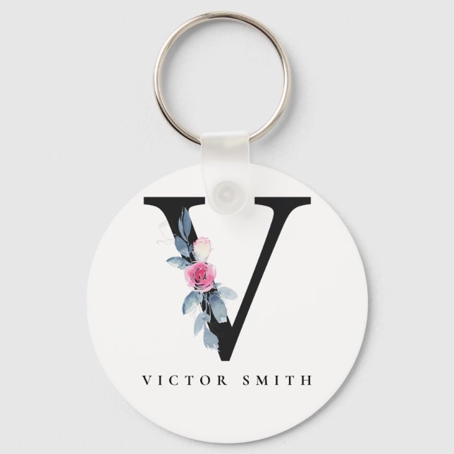 SOFT BLUSH BLUE FLORAL ALPHABETS NAME LETTER V KEYCHAIN (Front)
