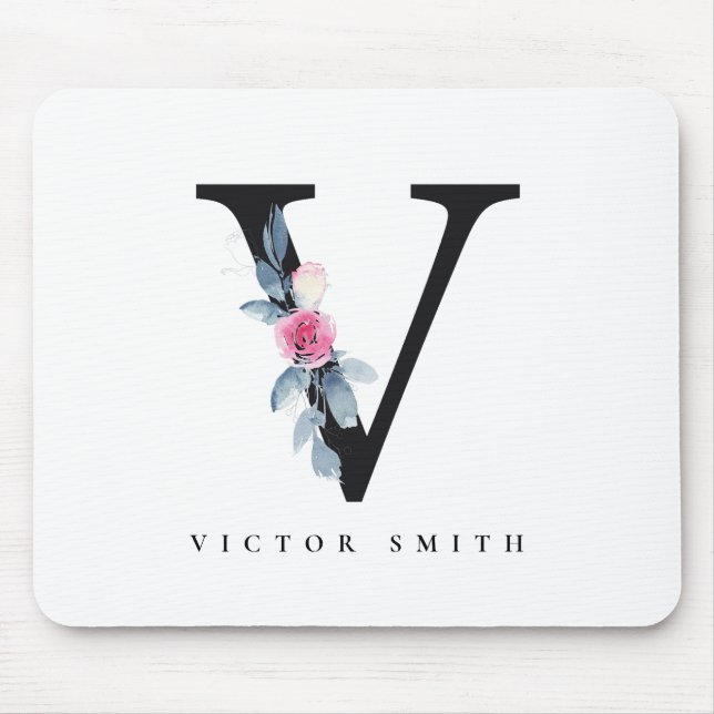 SOFT BLUSH BLUE FLORAL ALPHABETS NAME LETTER V MOUSE PAD (Front)