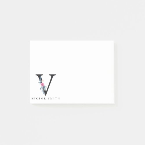 SOFT BLUSH BLUE FLORAL ALPHABETS NAME LETTER V POST_IT NOTES