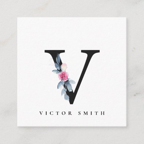 SOFT BLUSH BLUE FLORAL ALPHABETS NAME LETTER V SQUARE BUSINESS CARD