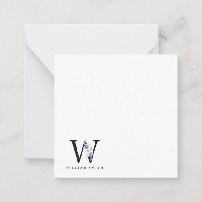 SOFT BLUSH BLUE FLORAL ALPHABETS NAME LETTER W NOTE CARD (Front)
