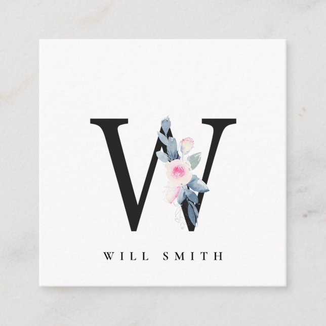 SOFT BLUSH BLUE FLORAL ALPHABETS NAME LETTER W SQUARE BUSINESS CARD (Front)