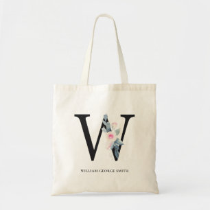 SOFT BLUSH BLUE FLORAL ALPHABETS NAME LETTER W TOTE BAG