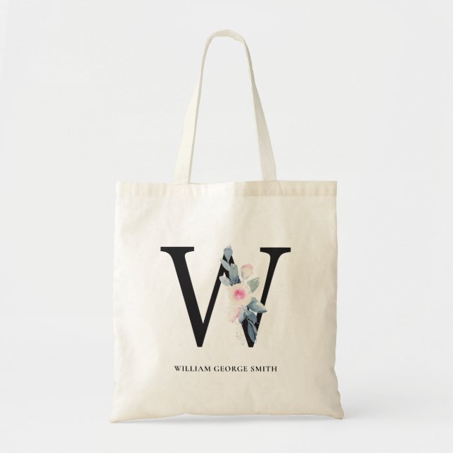 SOFT BLUSH BLUE FLORAL ALPHABETS NAME LETTER W TOTE BAG (Front)
