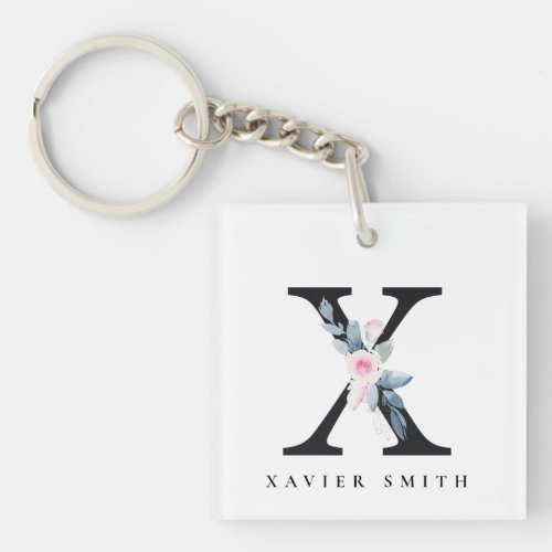 SOFT BLUSH BLUE FLORAL ALPHABETS NAME LETTER X KEYCHAIN