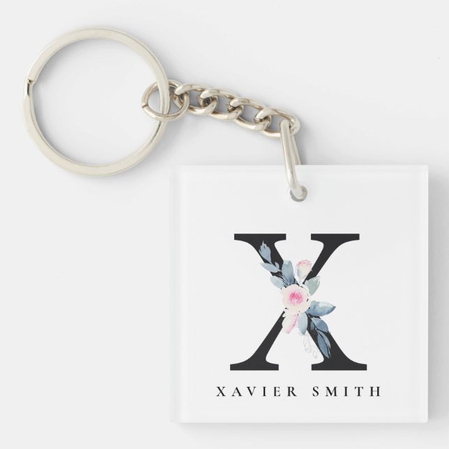 SOFT BLUSH BLUE FLORAL ALPHABETS NAME LETTER X KEYCHAIN (Front)