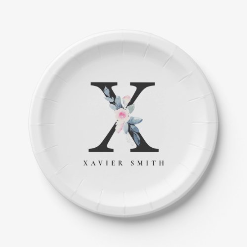 SOFT BLUSH BLUE FLORAL ALPHABETS NAME LETTER X PAPER PLATES