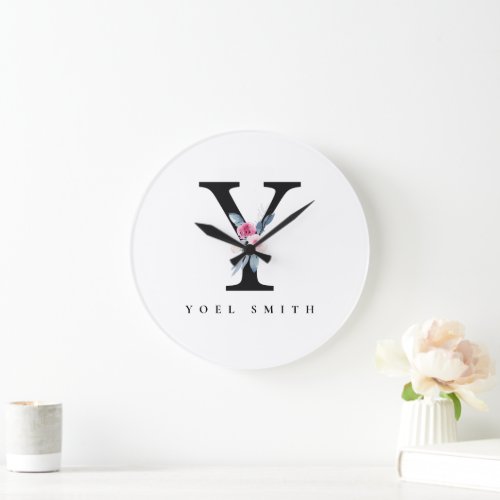 SOFT BLUSH BLUE FLORAL ALPHABETS NAME LETTER Y LARGE CLOCK