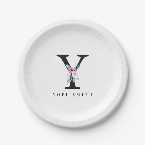 SOFT BLUSH BLUE FLORAL ALPHABETS NAME LETTER Y PAPER PLATES