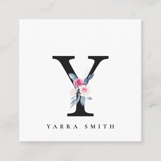 SOFT BLUSH BLUE FLORAL ALPHABETS NAME LETTER Y SQUARE BUSINESS CARD (Front)
