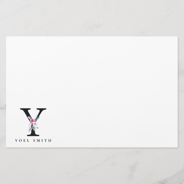 SOFT BLUSH BLUE FLORAL ALPHABETS NAME LETTER Y STATIONERY (Front)