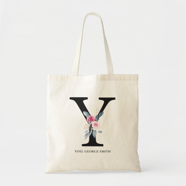 SOFT BLUSH BLUE FLORAL ALPHABETS NAME LETTER Y TOTE BAG (Front)