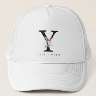 SOFT BLUSH BLUE FLORAL ALPHABETS NAME LETTER Y TRUCKER HAT