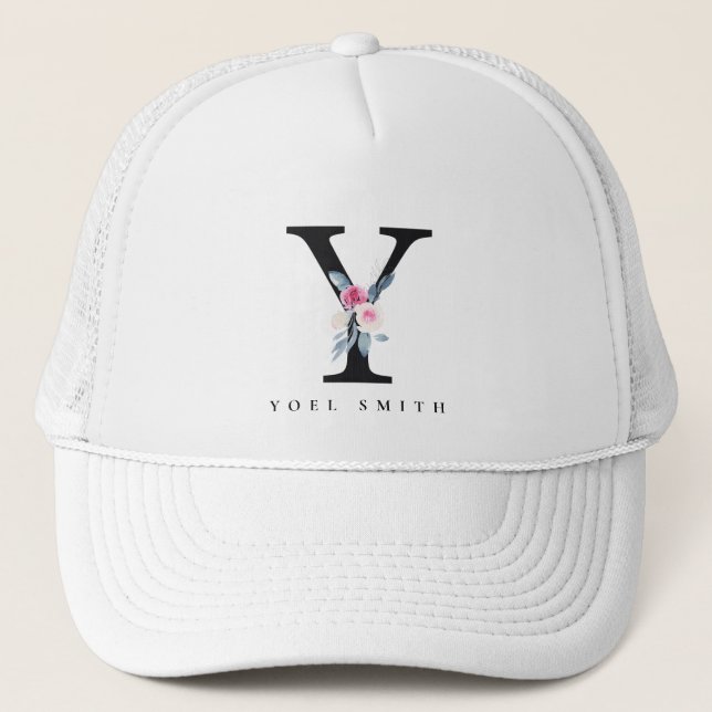 SOFT BLUSH BLUE FLORAL ALPHABETS NAME LETTER Y TRUCKER HAT (Front)