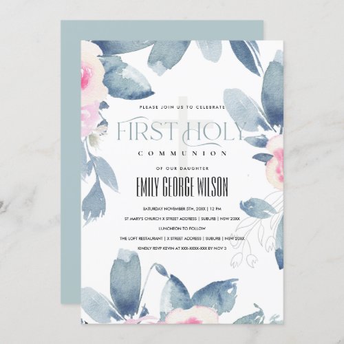 SOFT BLUSH BLUE FLORAL BUNCH FIRST HOLY COMMUNION INVITATION