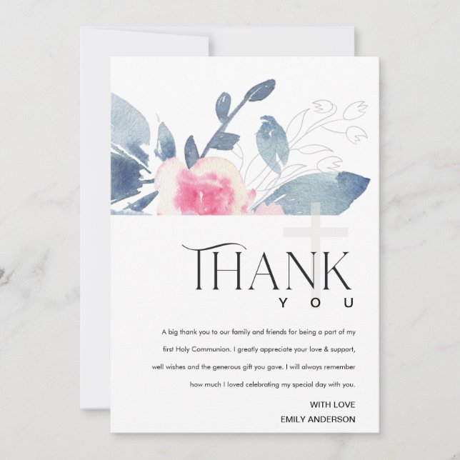 SOFT BLUSH BLUE FLORAL BUNCH FIRST HOLY COMMUNION THANK YOU CARD (Front)