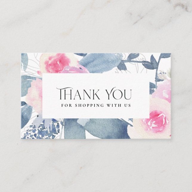 SOFT BLUSH BLUE FLORAL BUSINESS THANK YOU LOGO CARD (Front)