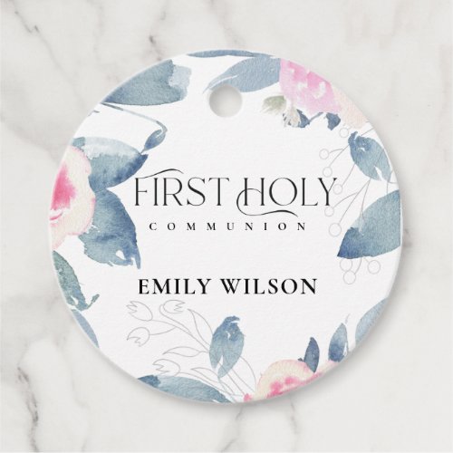 SOFT BLUSH BLUE FLORAL FRAME FIRST HOLY COMMUNION FAVOR TAGS
