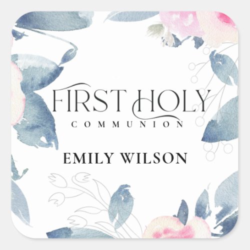 SOFT BLUSH BLUE FLORAL FRAME FIRST HOLY COMMUNION SQUARE STICKER