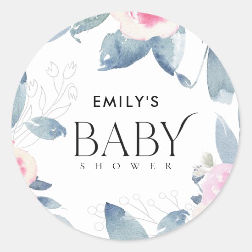 SOFT BLUSH BLUE FLORAL WATERCOLOR BABY SHOWER CLASSIC ROUND STICKER