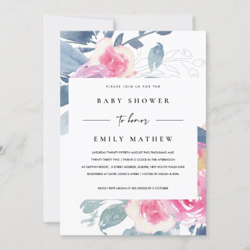 SOFT BLUSH BLUE FLORAL WATERCOLOR BABY SHOWER INVITATION