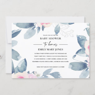 SOFT BLUSH BLUE FLORAL WATERCOLOR BABY SHOWER INVITATION