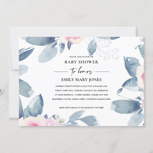SOFT BLUSH BLUE FLORAL WATERCOLOR  BABY SHOWER INVITATION
