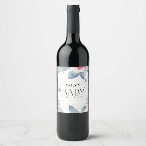 SOFT BLUSH BLUE FLORAL WATERCOLOR BABY SHOWER WINE LABEL