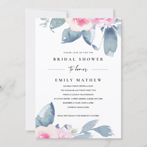 SOFT BLUSH BLUE FLORAL WATERCOLOR BRIDAL SHOWER INVITATION