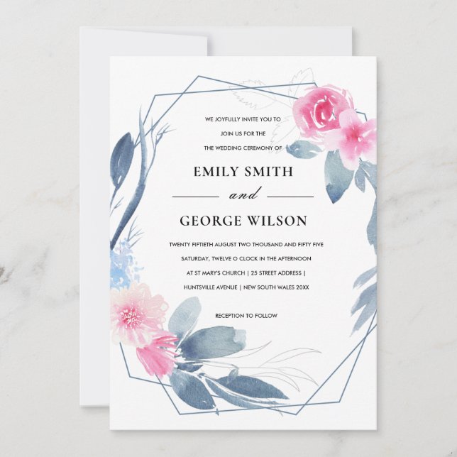 SOFT BLUSH BLUE FLORAL WATERCOLOR WREATH WEDDING INVITATION (Front)