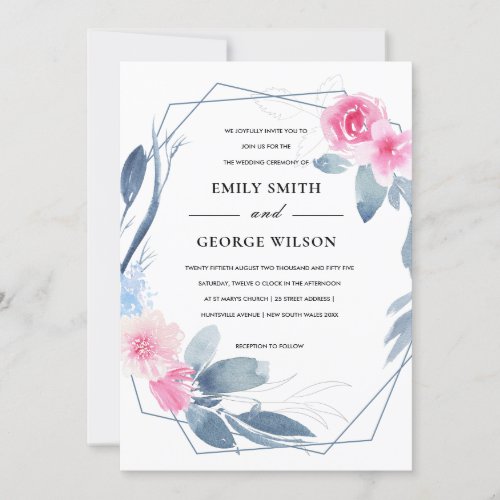 SOFT BLUSH BLUE FLORAL WATERCOLOR WREATH WEDDING INVITATION