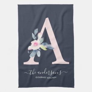 SOFT BLUSH BLUE NAVY FLORAL ALPHABETS LETTER A KITCHEN TOWEL