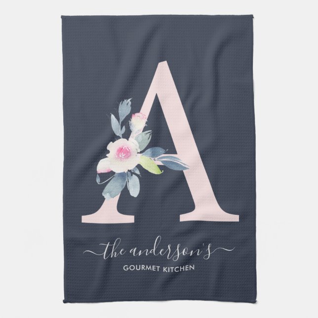 SOFT BLUSH BLUE NAVY FLORAL ALPHABETS LETTER A KITCHEN TOWEL (Vertical)