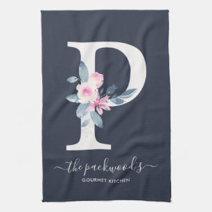 SOFT BLUSH BLUE NAVY FLORAL ALPHABETS LETTER P KITCHEN TOWEL