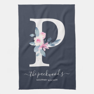 Blue Floral Initial Hand Towel