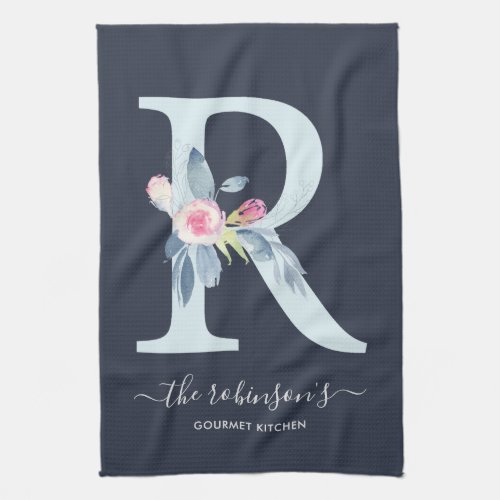 SOFT BLUSH BLUE NAVY FLORAL ALPHABETS LETTER R KITCHEN TOWEL