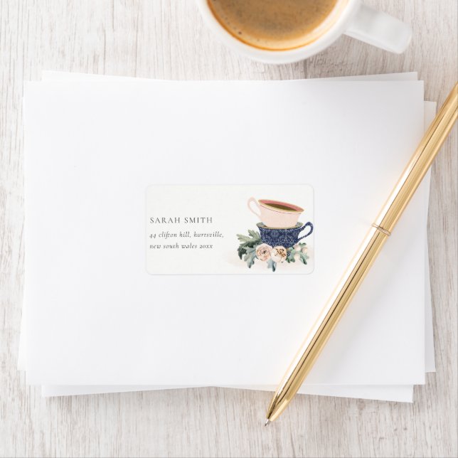 Soft Blush Blue Stacked Tea Cups Floral Address Label (Insitu)