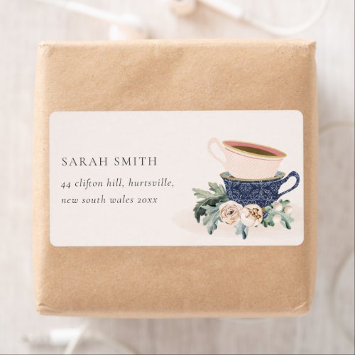 Soft Blush Blue Stacked Tea Cups Floral Address Label