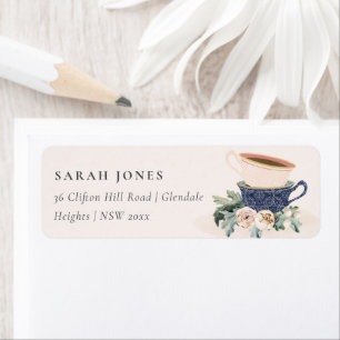 Soft Blush Blue Stacked Tea Cups Floral Address Label
